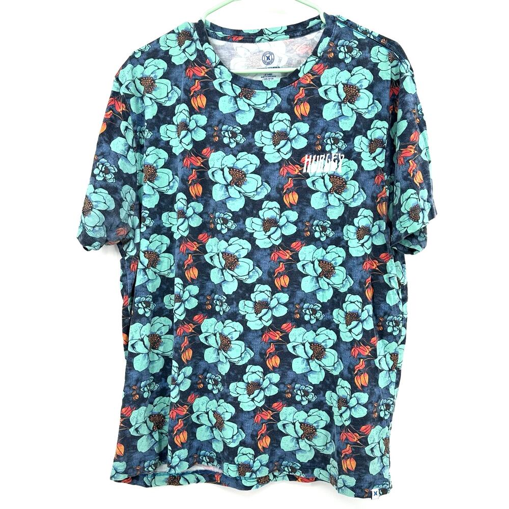 Hurley Size XL Short Sleeve Crew Neck T Shirt Blue Floral Print Tropical Tee Top